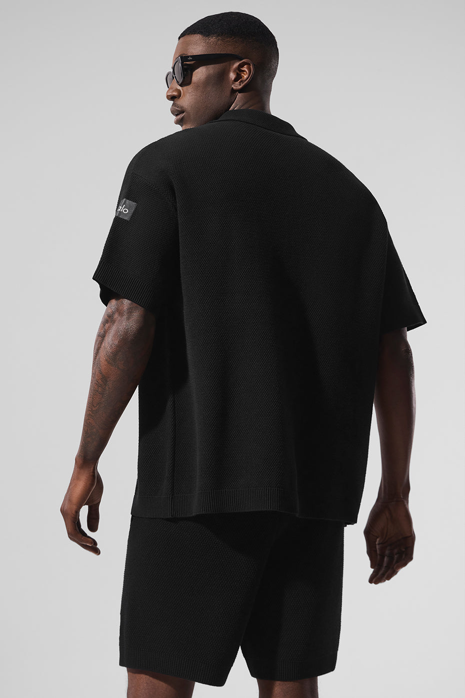 Sports Club Sweater Knit Short Sleeve Button Up - Black--3