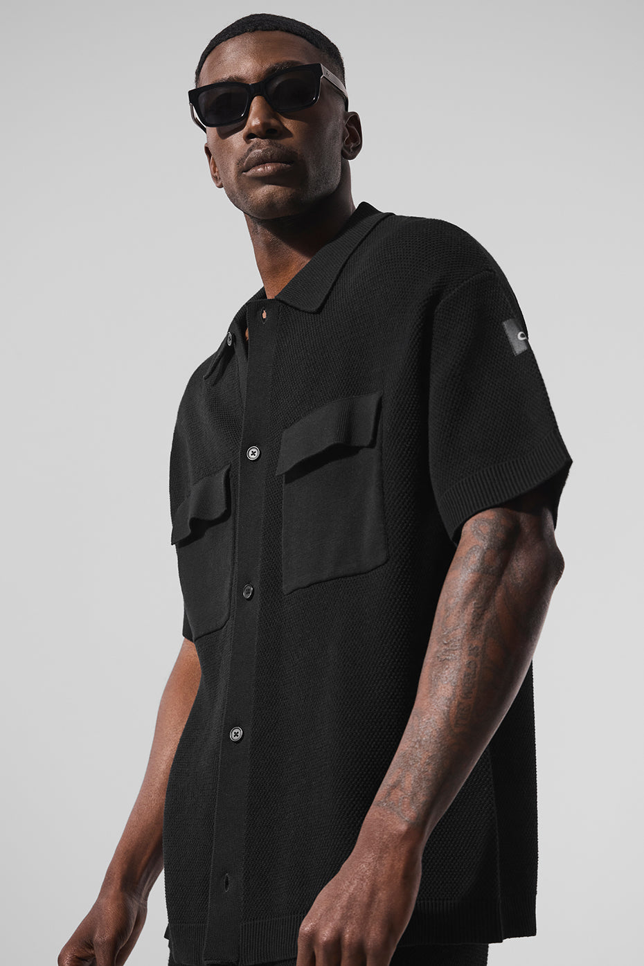 Sports Club Sweater Knit Short Sleeve Button Up - Black--2