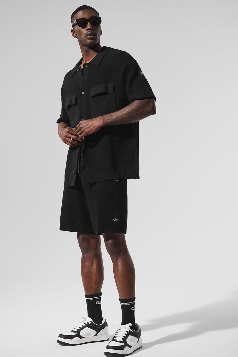 Sports Club Sweater Knit Short Sleeve Button Up - Black--4