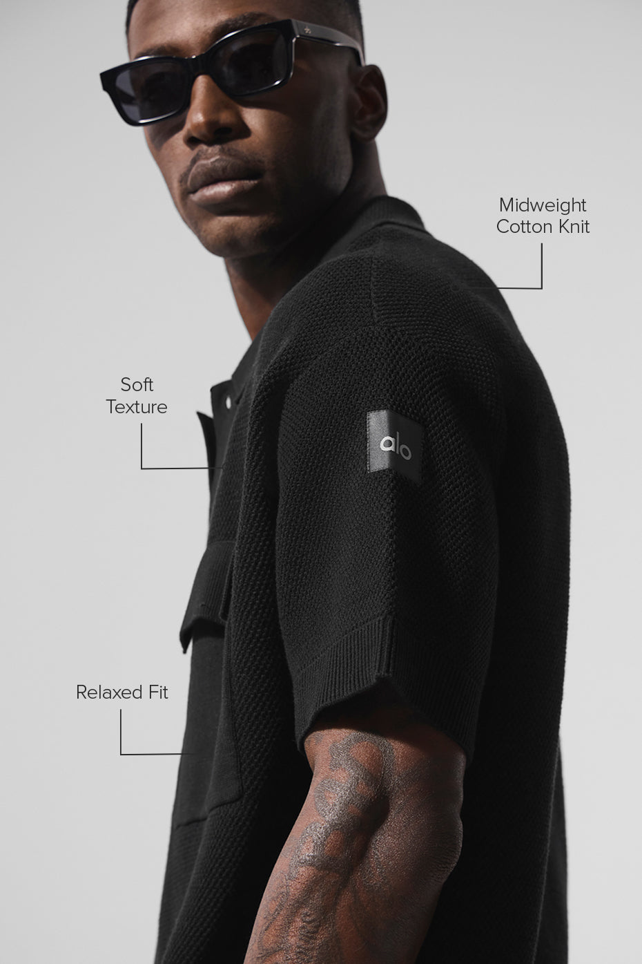 Sports Club Sweater Knit Short Sleeve Button Up - Black--1