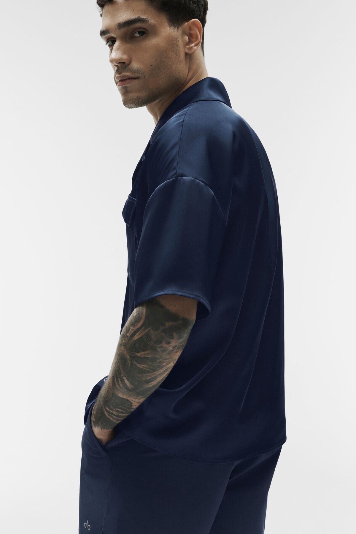 Satin Horizon Short Sleeve Button Up - Navy--2