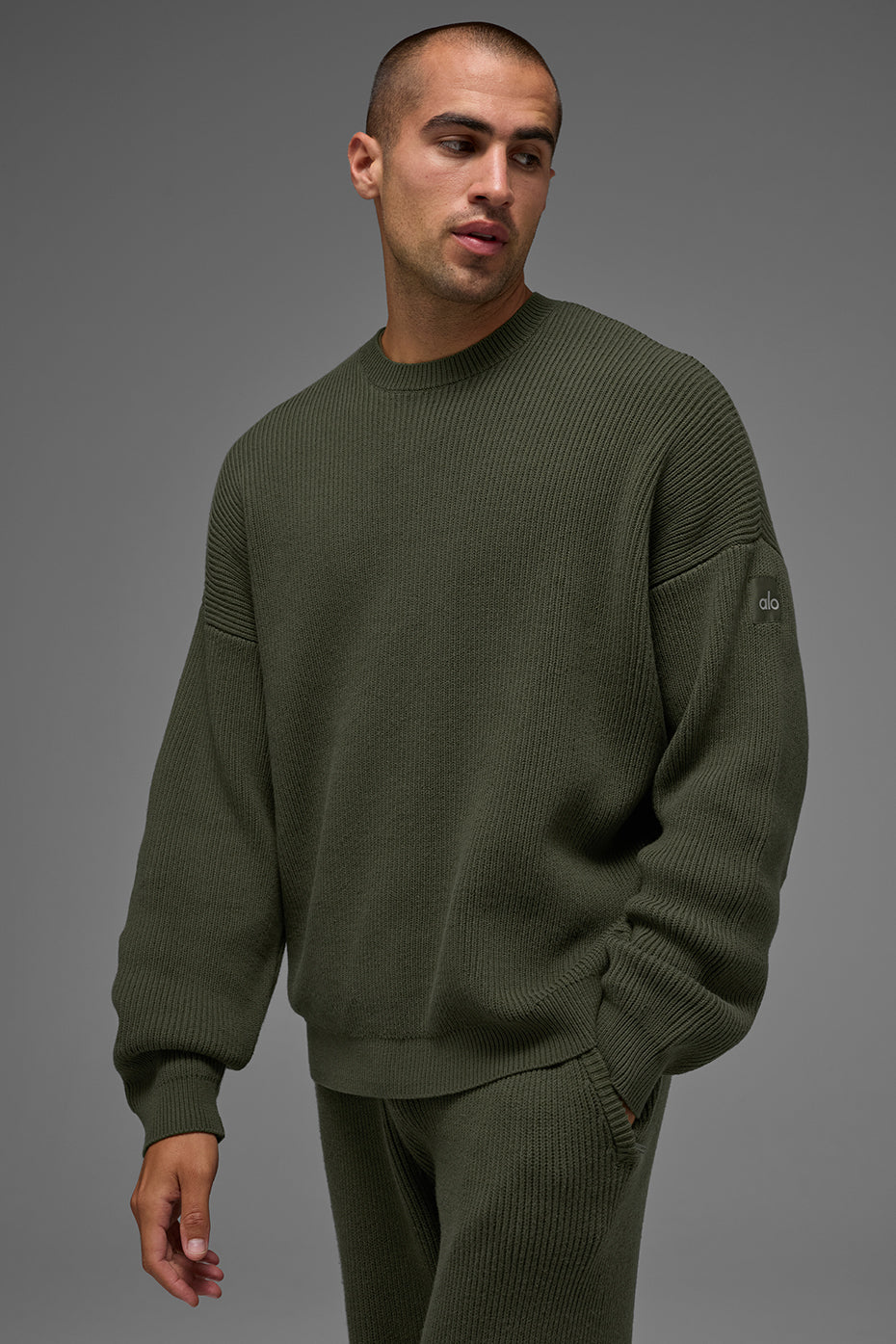 Domain Rib Knit Crew Sweater - Green Olive--1
