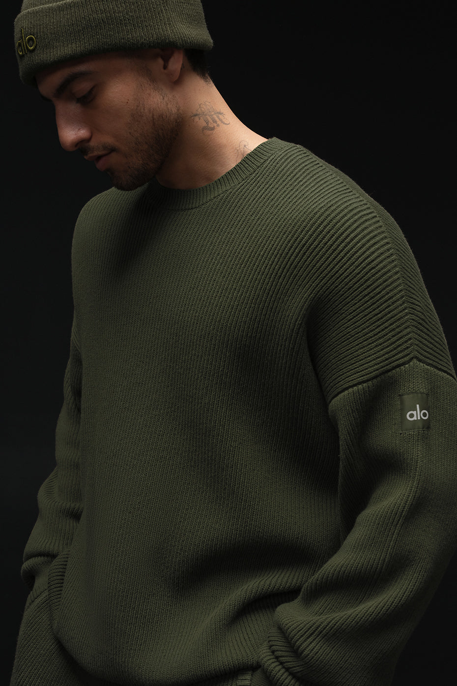 Domain Rib Knit Crew Sweater - Green Olive--0