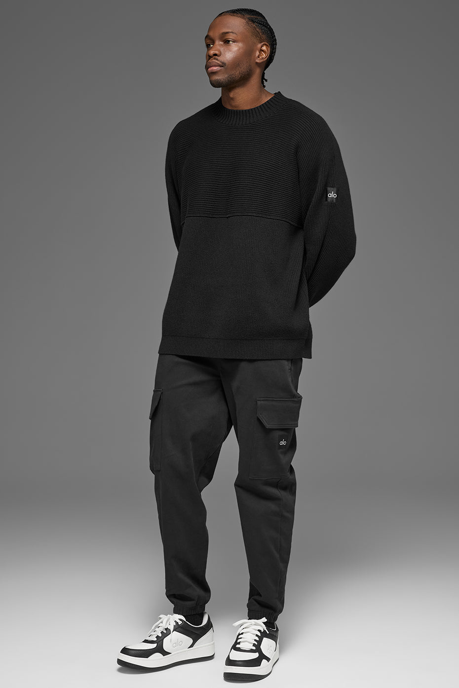 Domain Shift Rib Knit Sweater Crew - Black--3