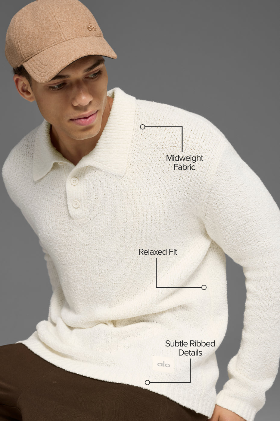 Textured Knit Long Sleeve Polo - Ivory--1