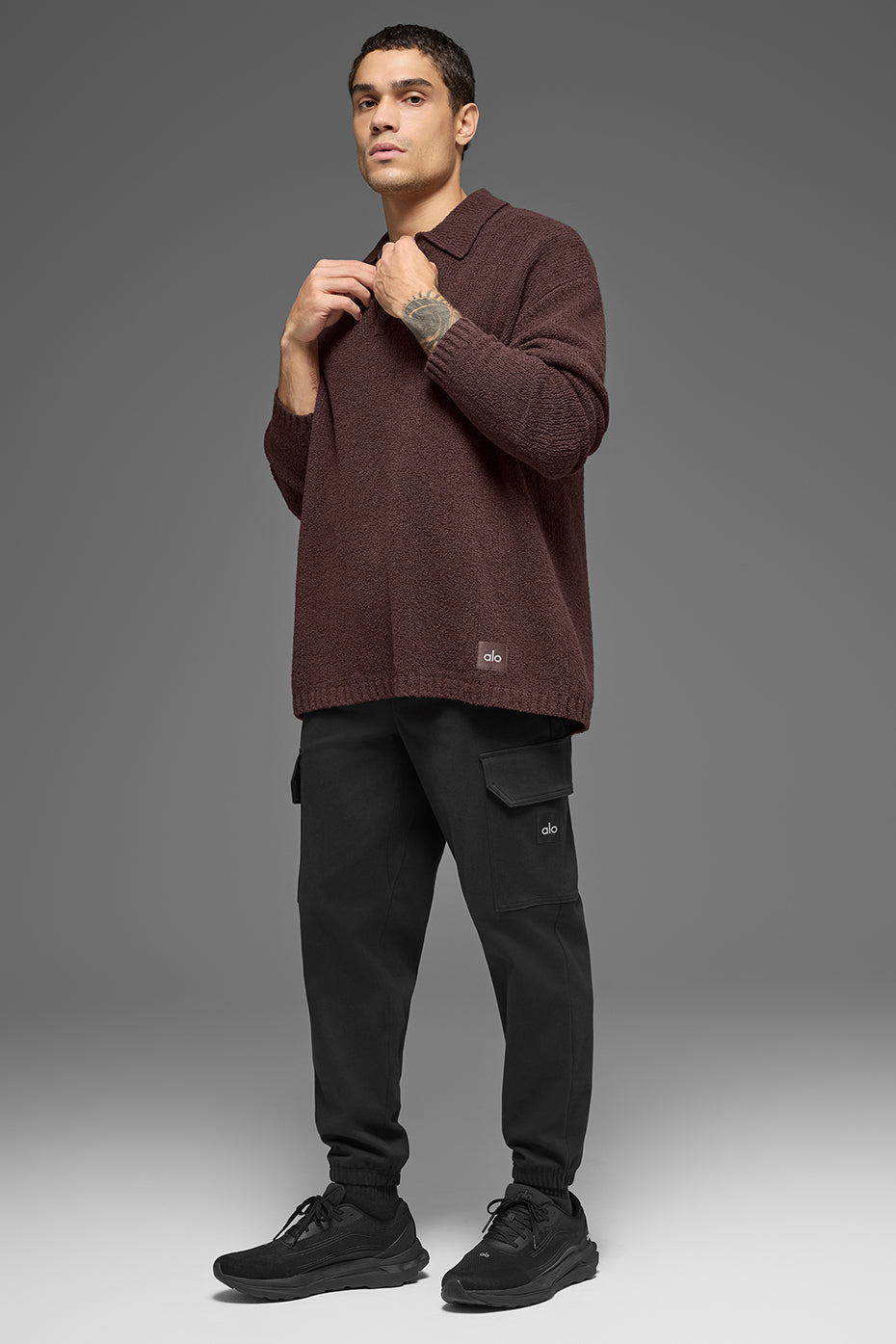 Textured Knit Long Sleeve Polo - Brownstone--4