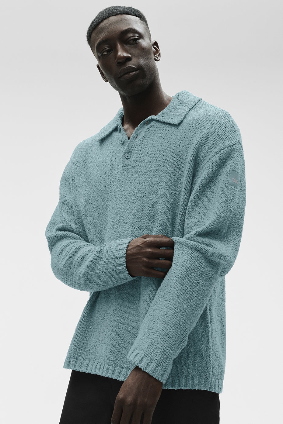 Textured Knit Long Sleeve Polo - Desert Sage--2