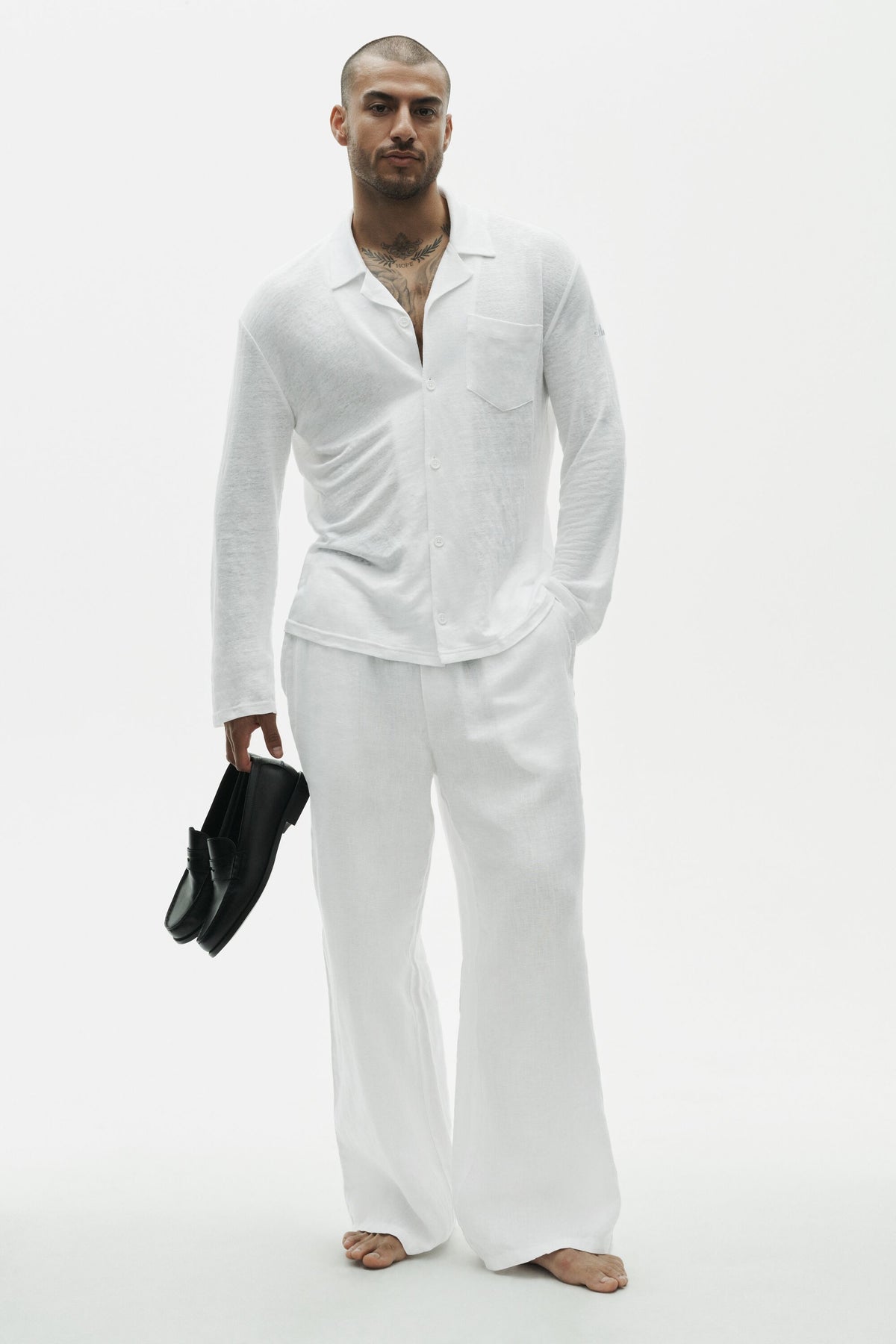 Linen Jersey Coastal Long Sleeve Button Up - White--4