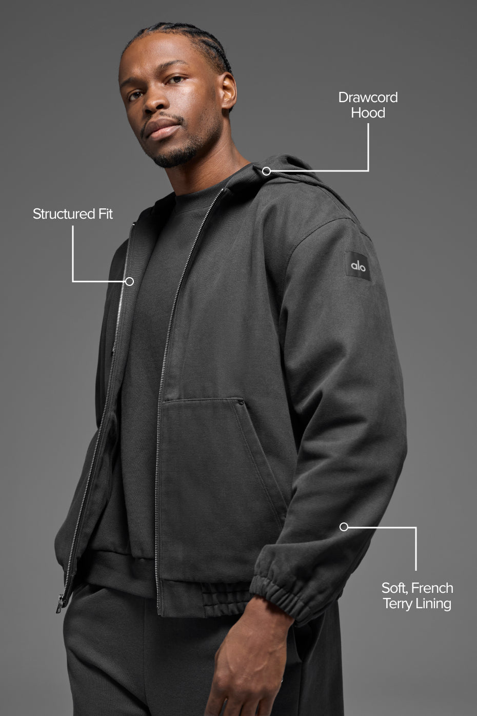 Cotton Canvas Full Zip Hoodie - Anthracite--1