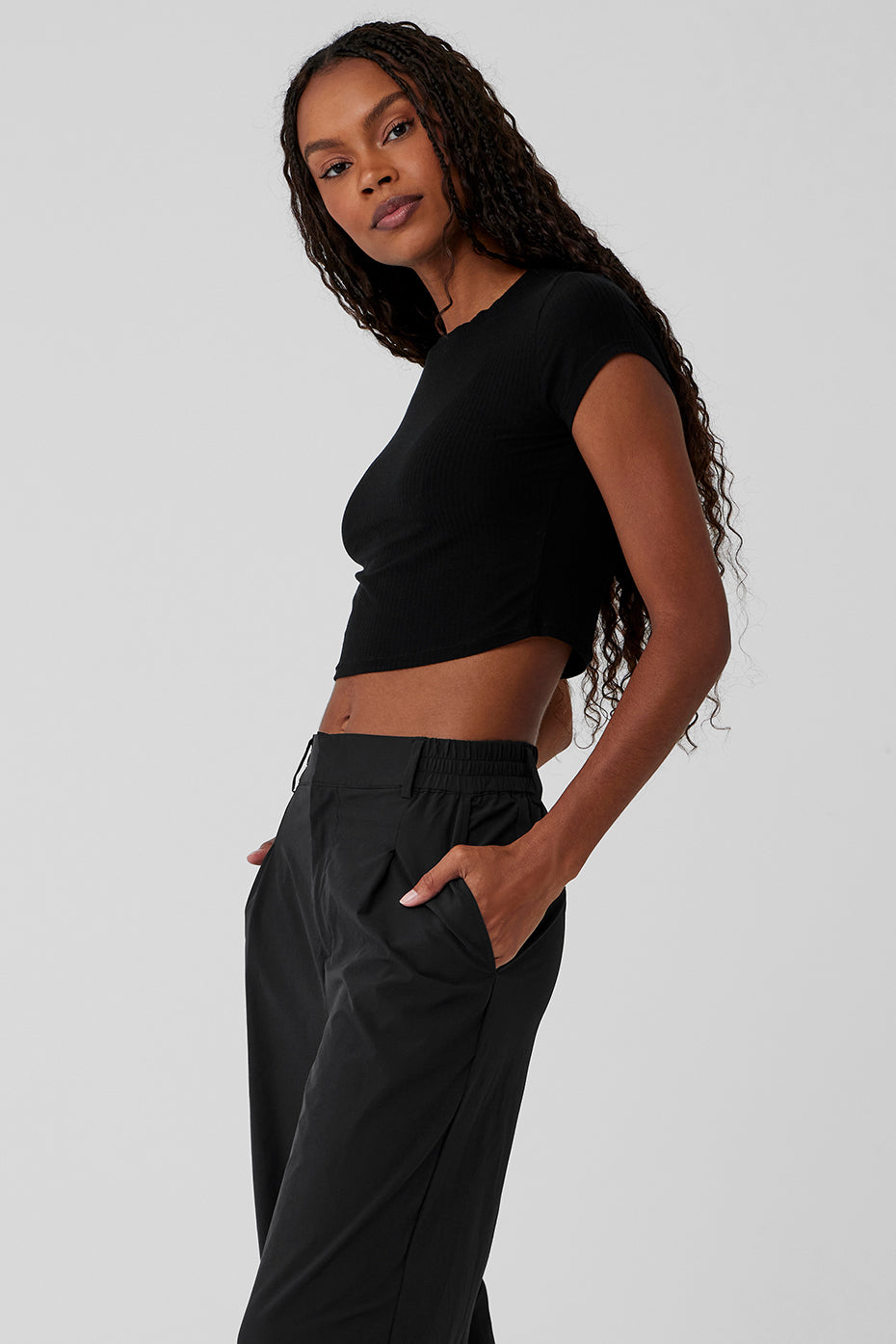 Ribbed Sea Coast Cropped Short Sleeve Tee - Black--2