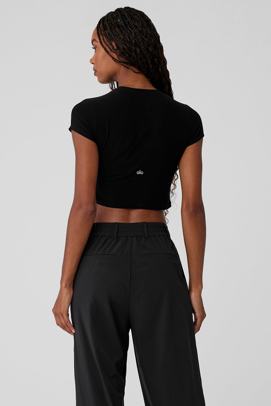 Ribbed Sea Coast Cropped Short Sleeve Tee - Black--1