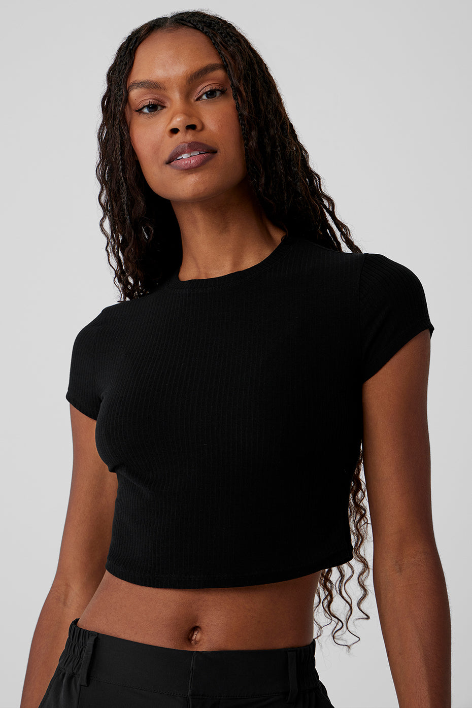 Ribbed Sea Coast Cropped Short Sleeve Tee - Black--3