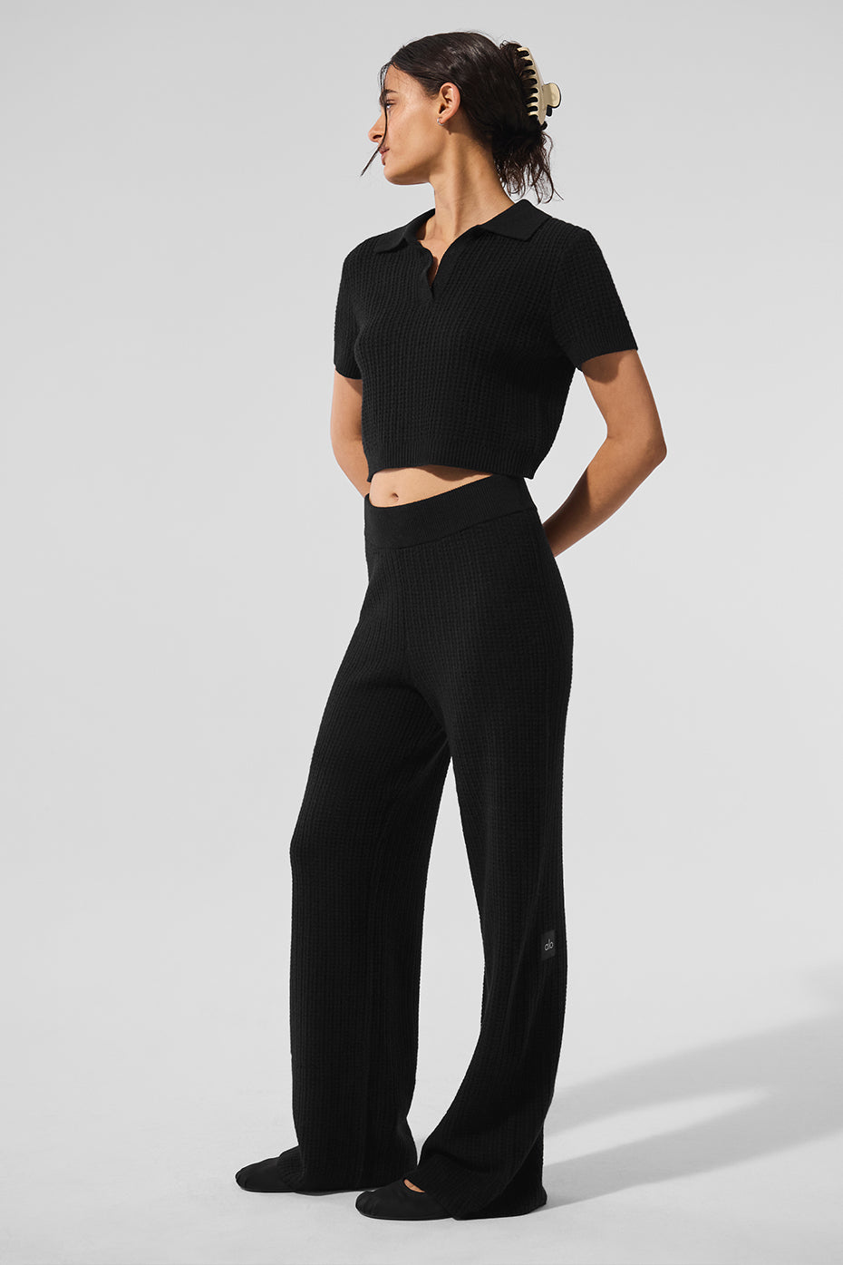 Cashmere Plush Waffle Polo Tee - Black--3