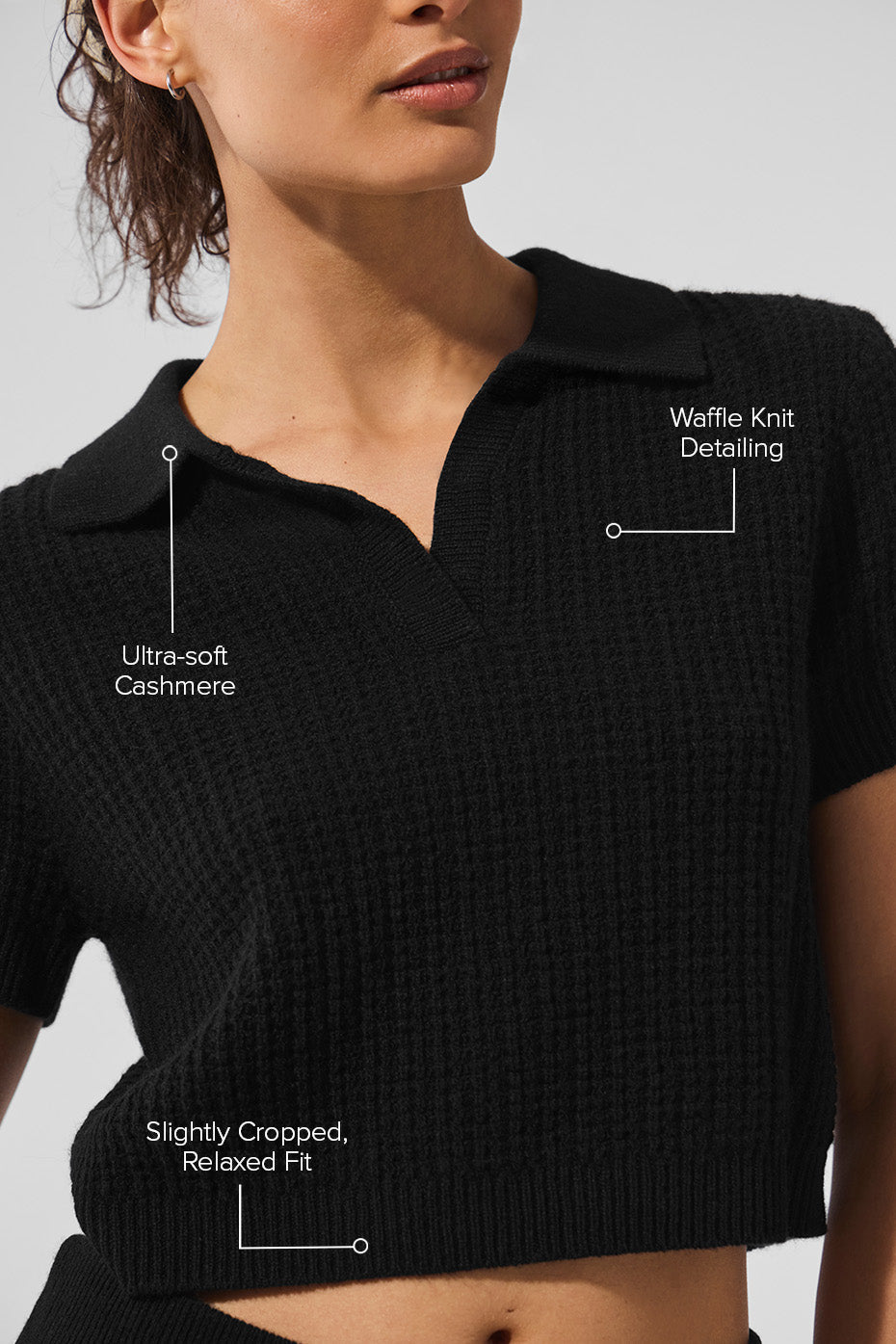Cashmere Plush Waffle Polo Tee - Black--1