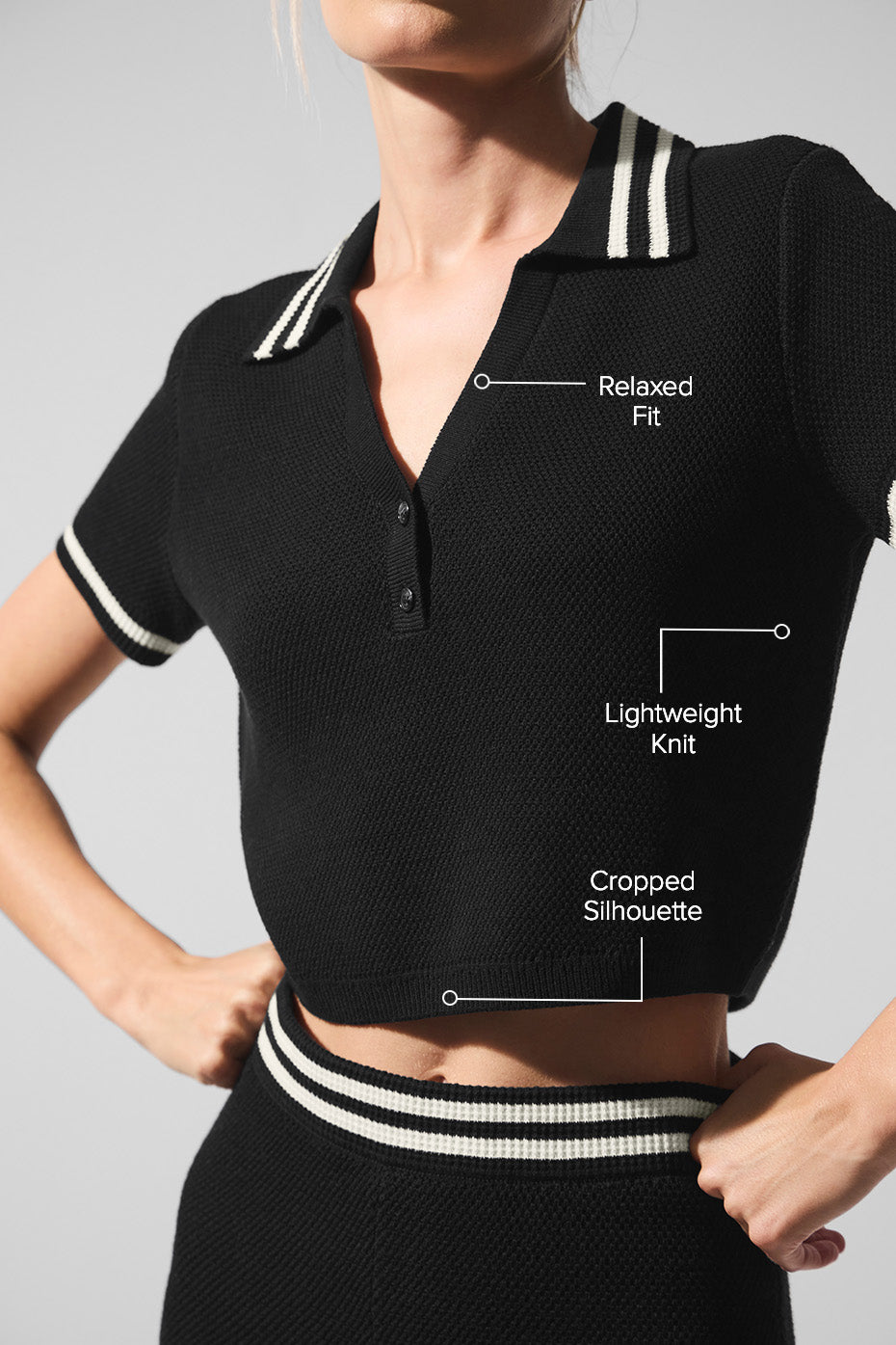 Tennis Club Sweater Knit Cropped Polo - Black/Ivory--1