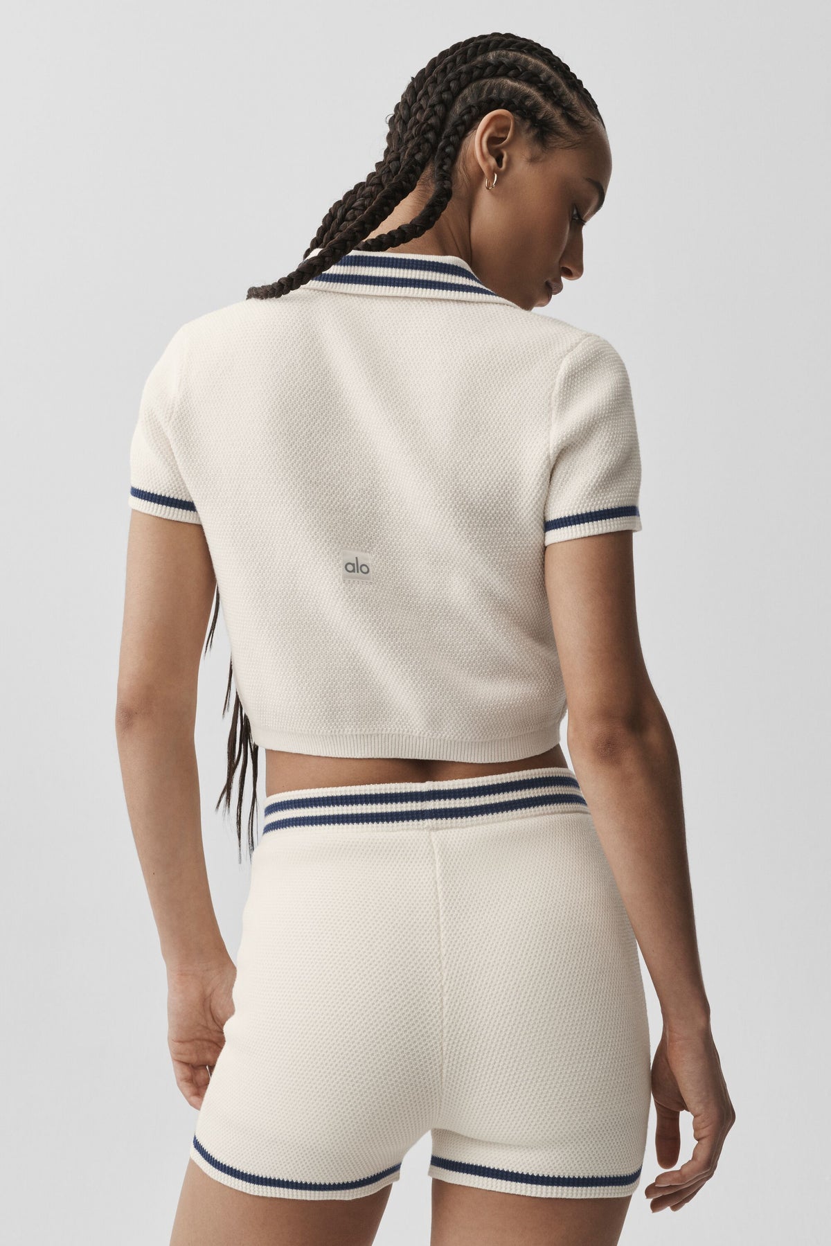 Tennis Club Sweater Knit Cropped Polo - Ivory/Navy--2