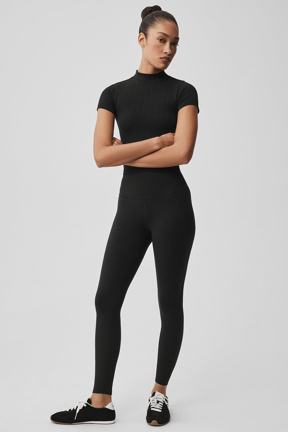 Seamless Pointelle Mock Neck Short Sleeve - Black--4
