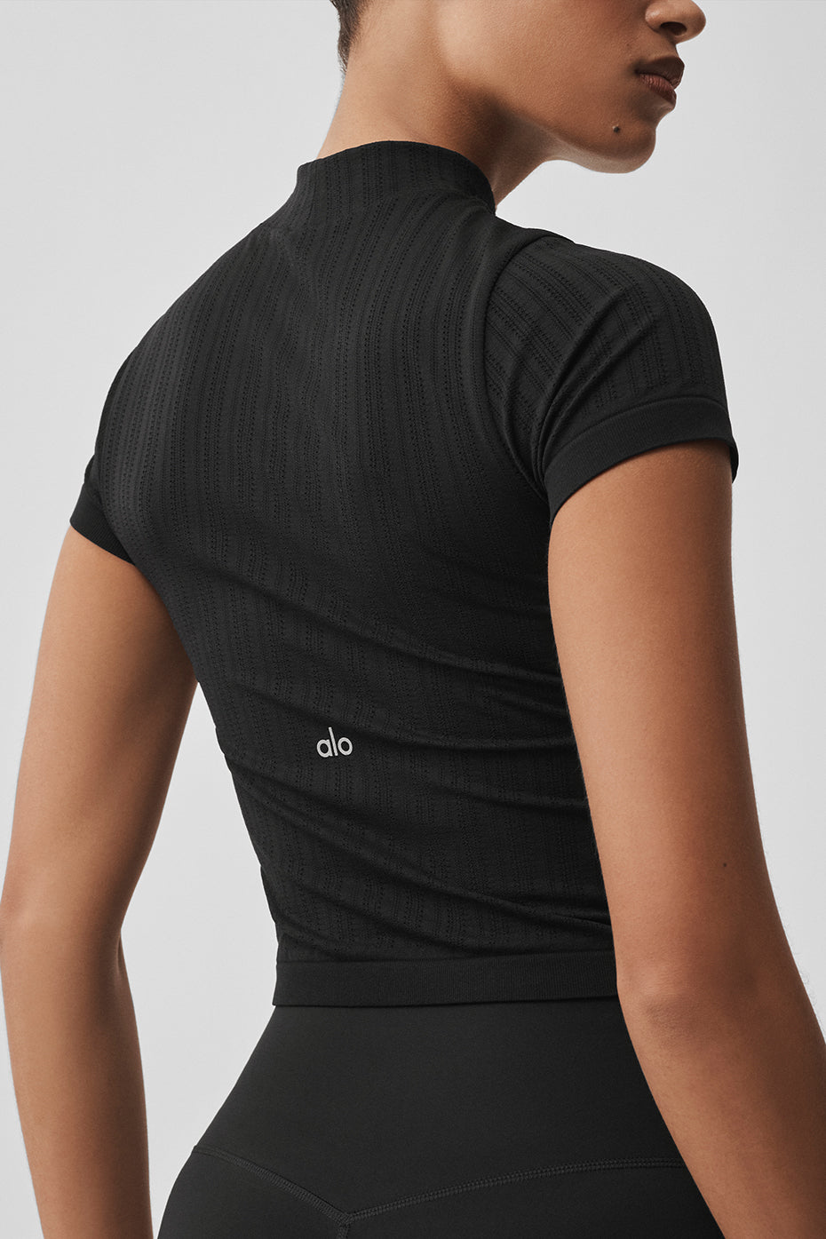 Seamless Pointelle Mock Neck Short Sleeve - Black--3