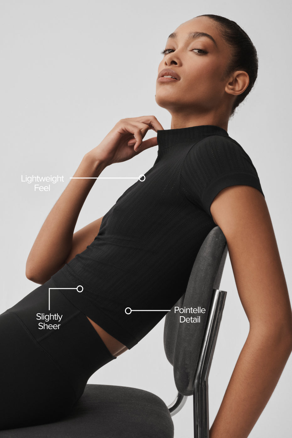 Seamless Pointelle Mock Neck Short Sleeve - Black--1