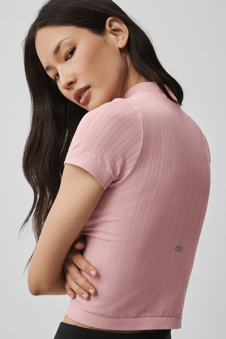Seamless Pointelle Mock Neck Short Sleeve - Vintage Pink--1