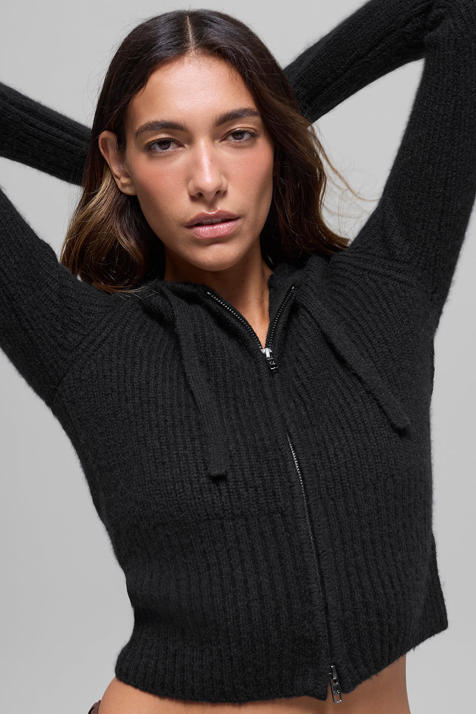 Wool Cashmere Ribbed Noble Full Zip Hoodie - Black--3