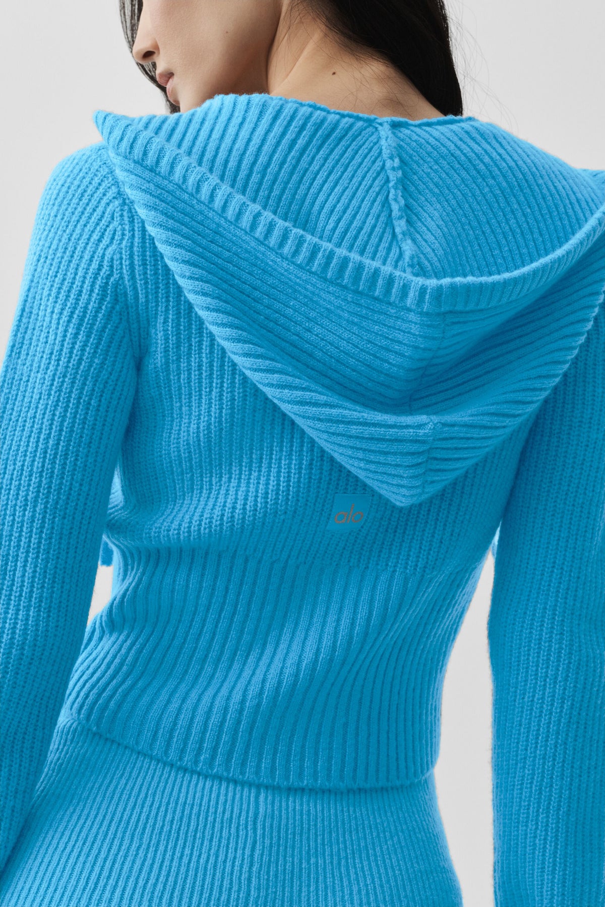 Wool Cashmere Ribbed Noble Full Zip Hoodie - Azure Blue--4