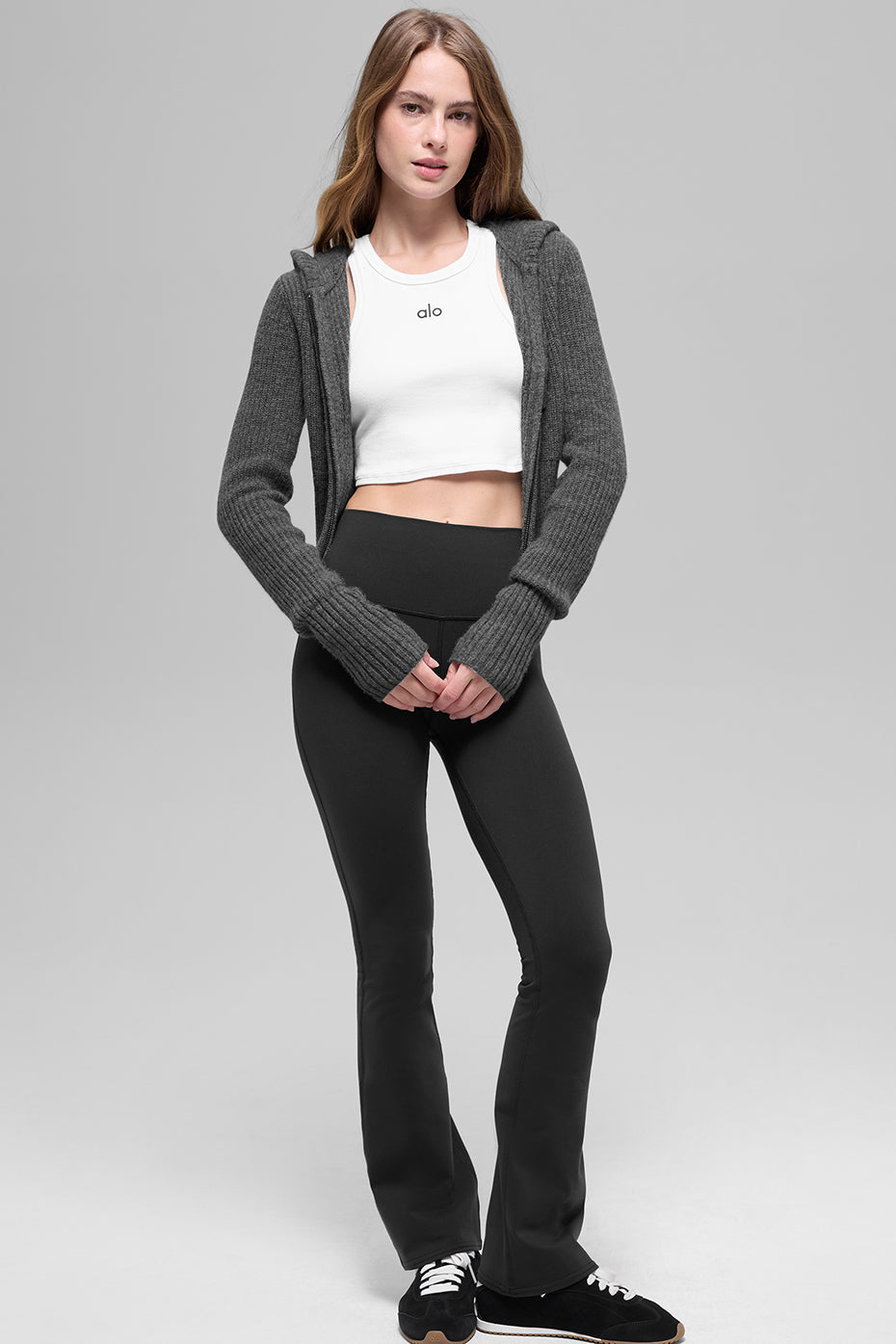 Wool Cashmere Ribbed Noble Full Zip Hoodie - Platinum Grey--3