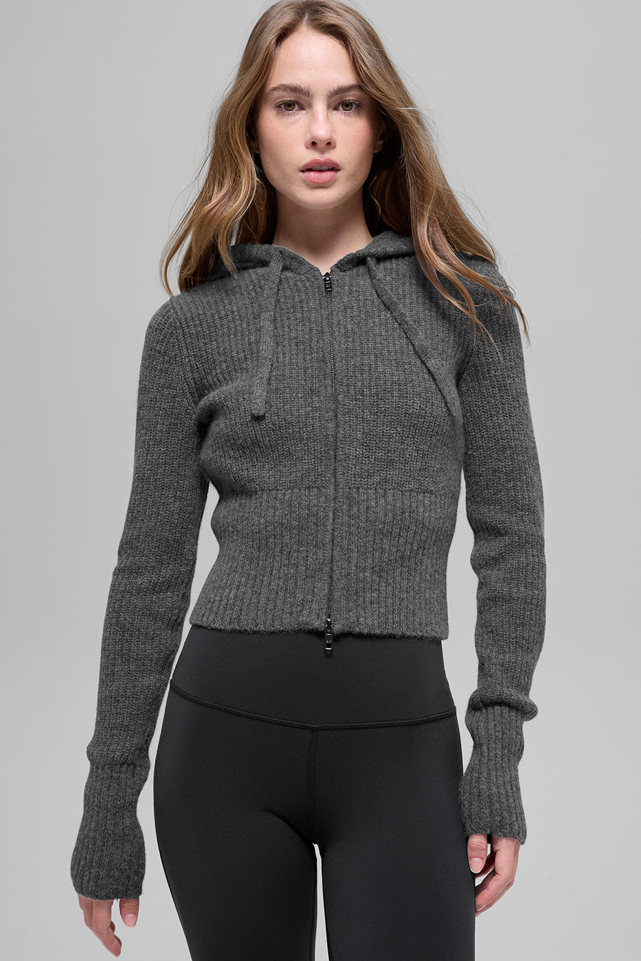 Wool Cashmere Ribbed Noble Full Zip Hoodie - Platinum Grey--0