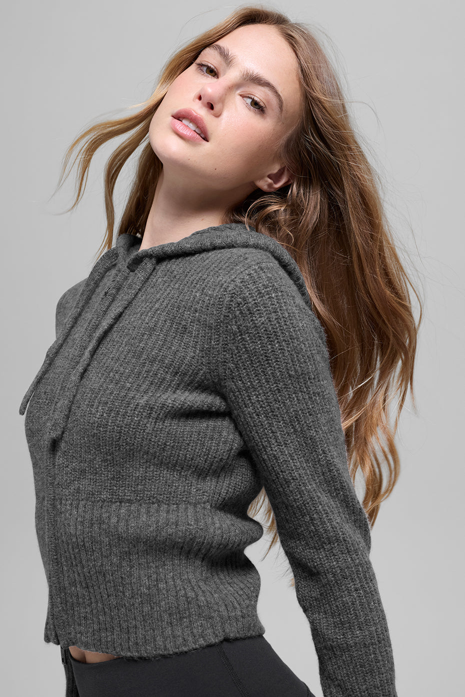 Wool Cashmere Ribbed Noble Full Zip Hoodie - Platinum Grey--2