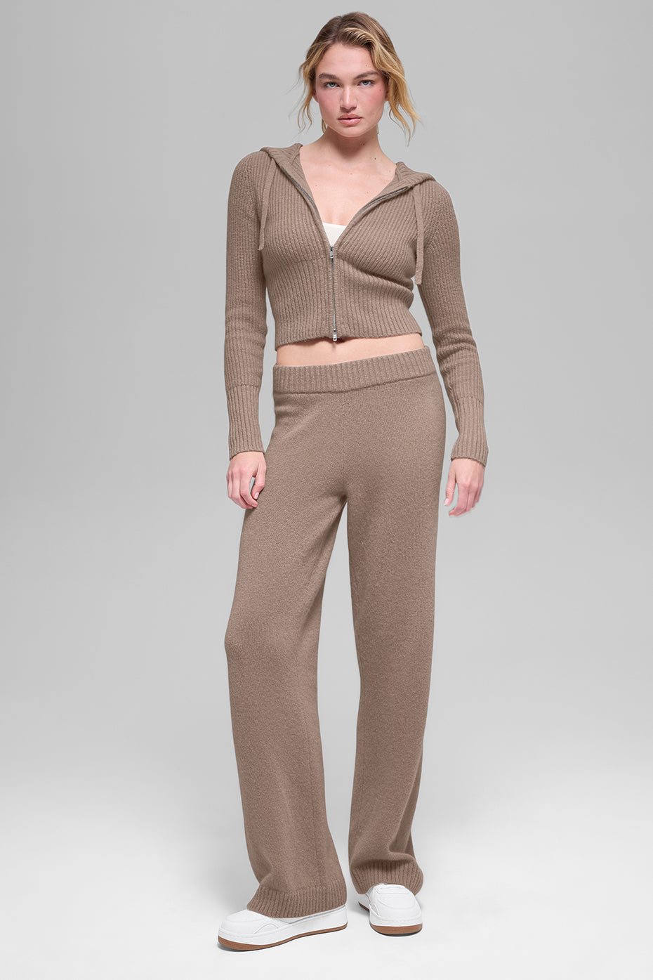 Wool Cashmere Ribbed Noble Full Zip Hoodie - Chai Latte--3
