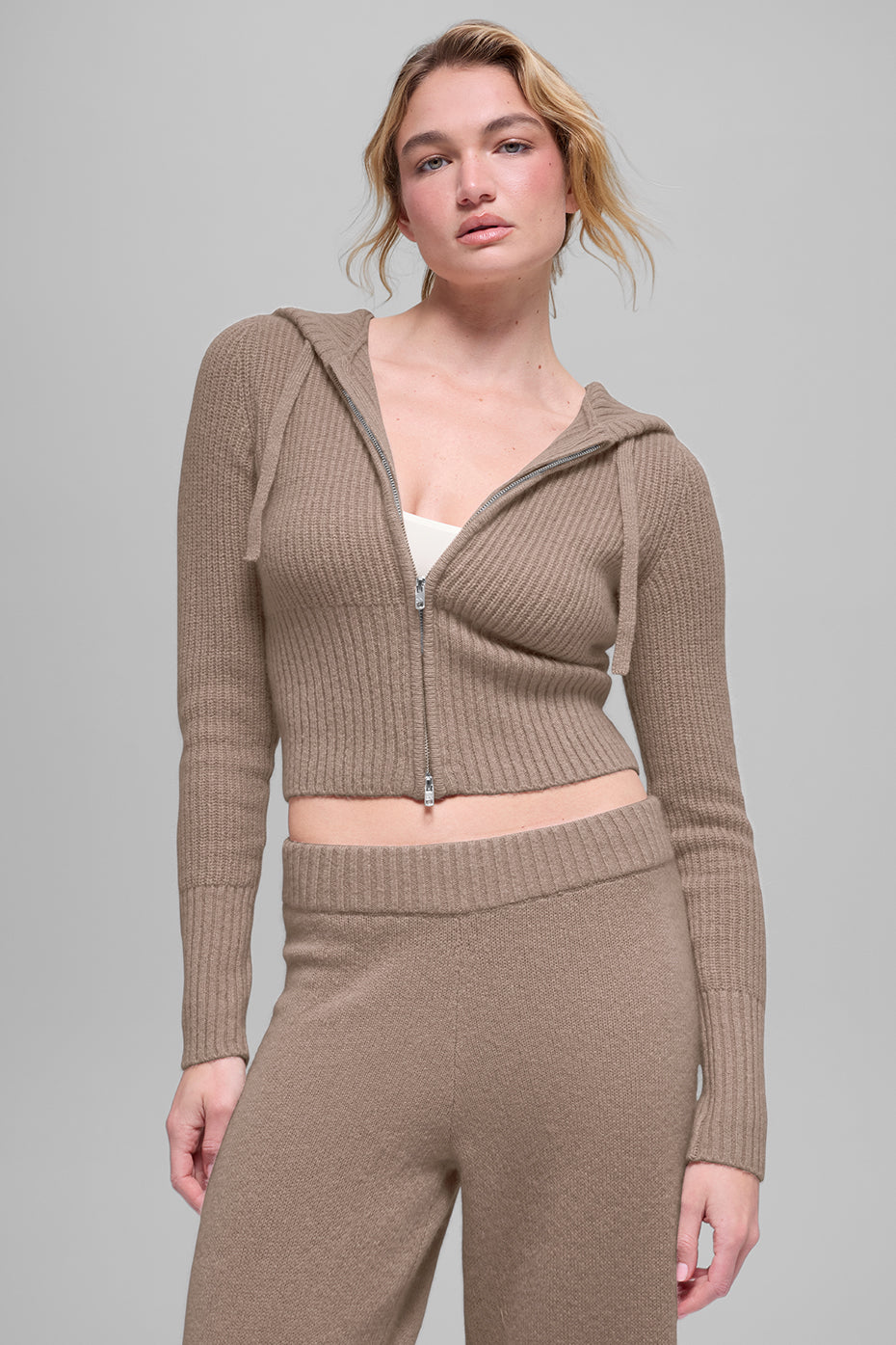 Wool Cashmere Ribbed Noble Full Zip Hoodie - Chai Latte--0