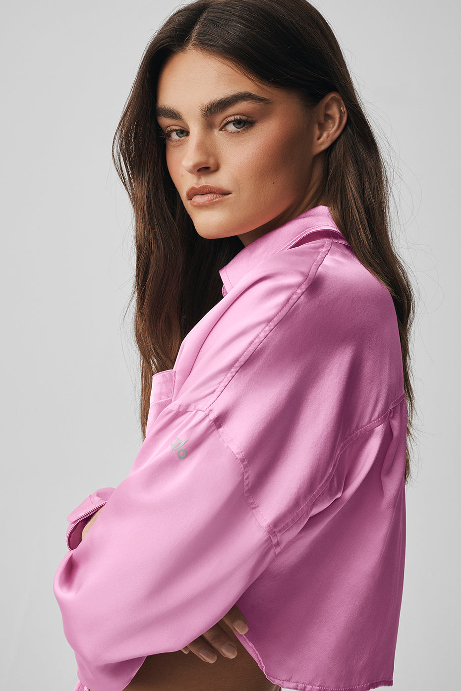 Silk Luminous Cropped Button Down Long Sleeve - Candy Heart Pink--3