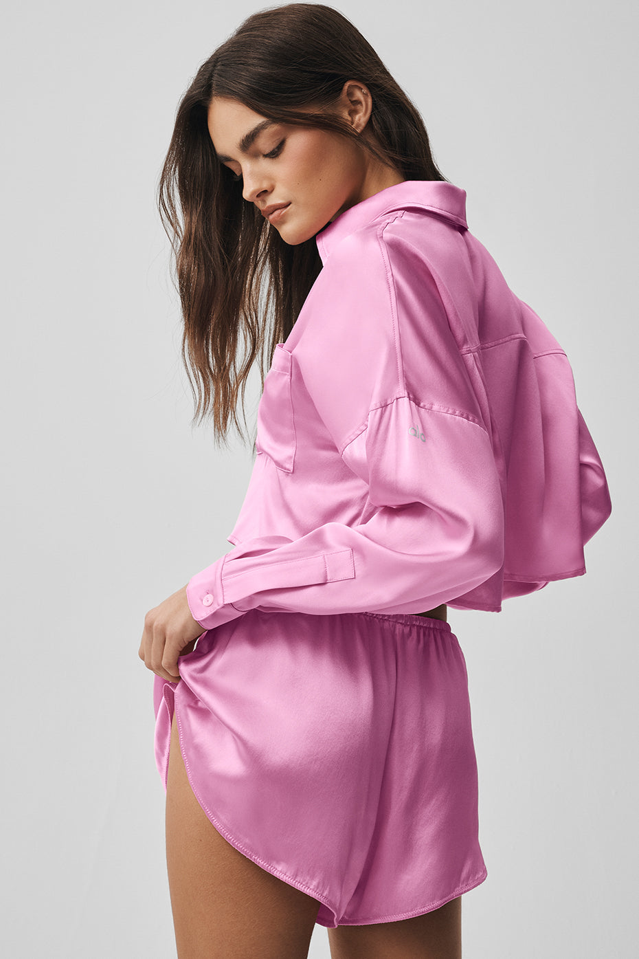 Silk Luminous Cropped Button Down Long Sleeve - Candy Heart Pink--1