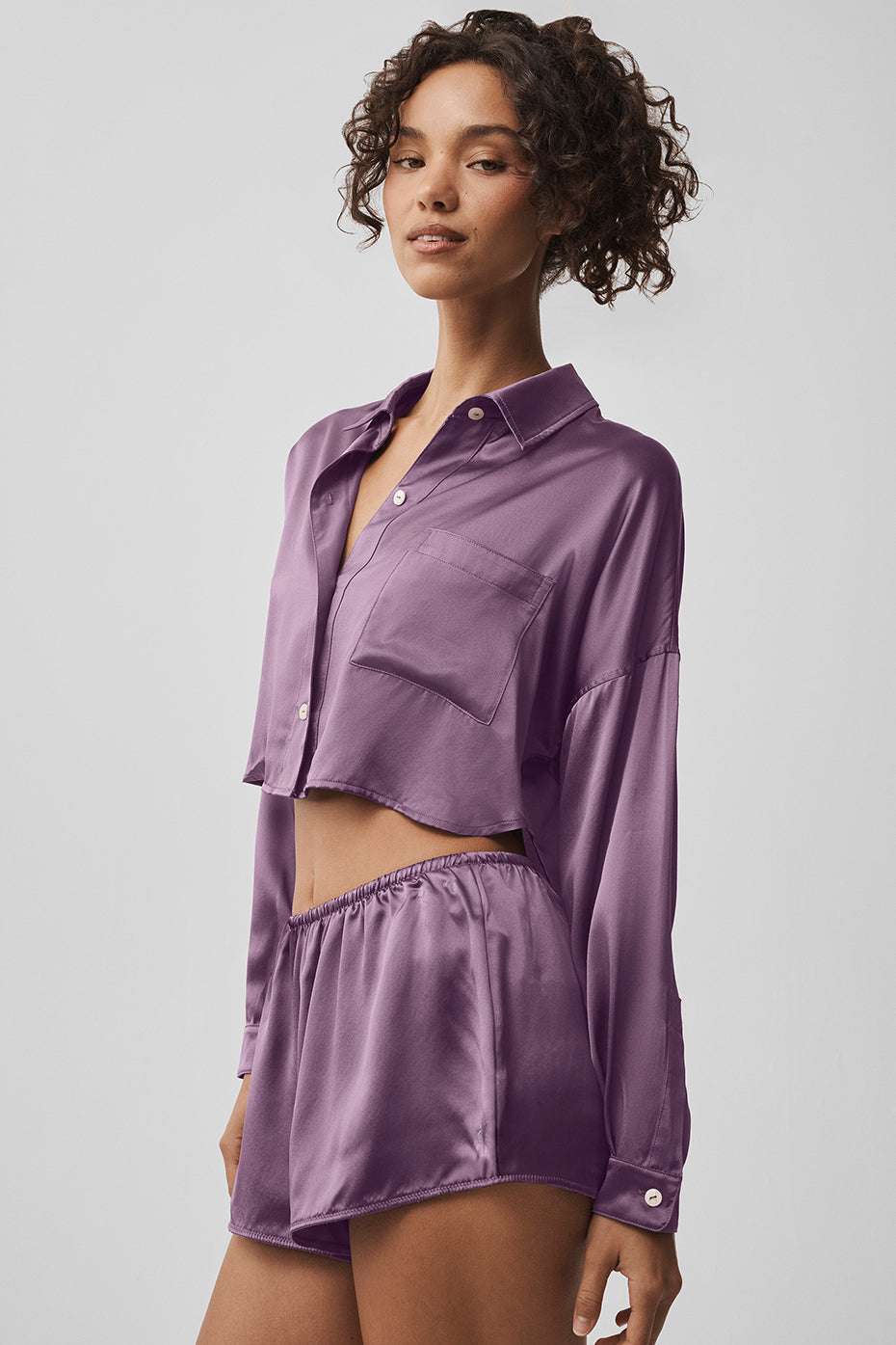 Silk Luminous Cropped Button Down Long Sleeve - Plum Kiss--1
