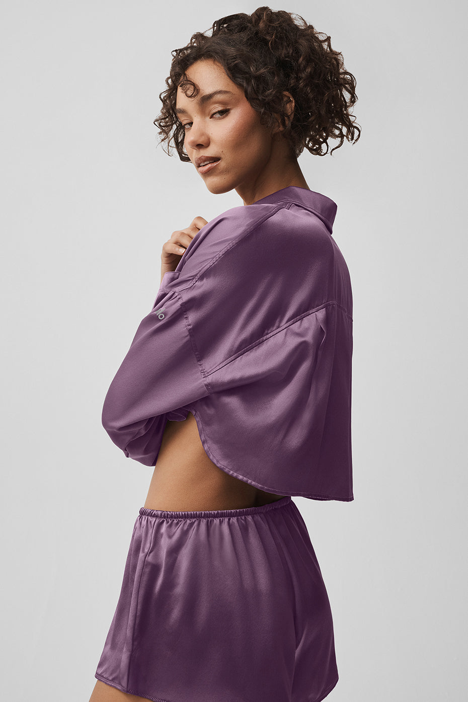 Silk Luminous Cropped Button Down Long Sleeve - Plum Kiss--2