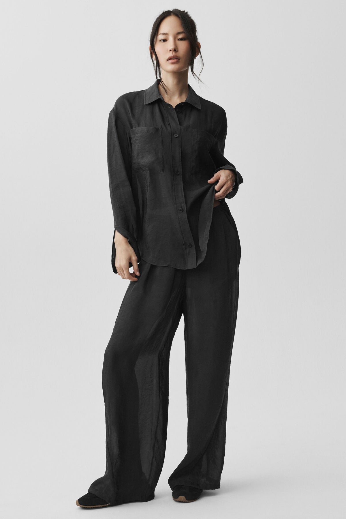 Semi-Sheer Golden Hour Button Down Long Sleeve - Black--0