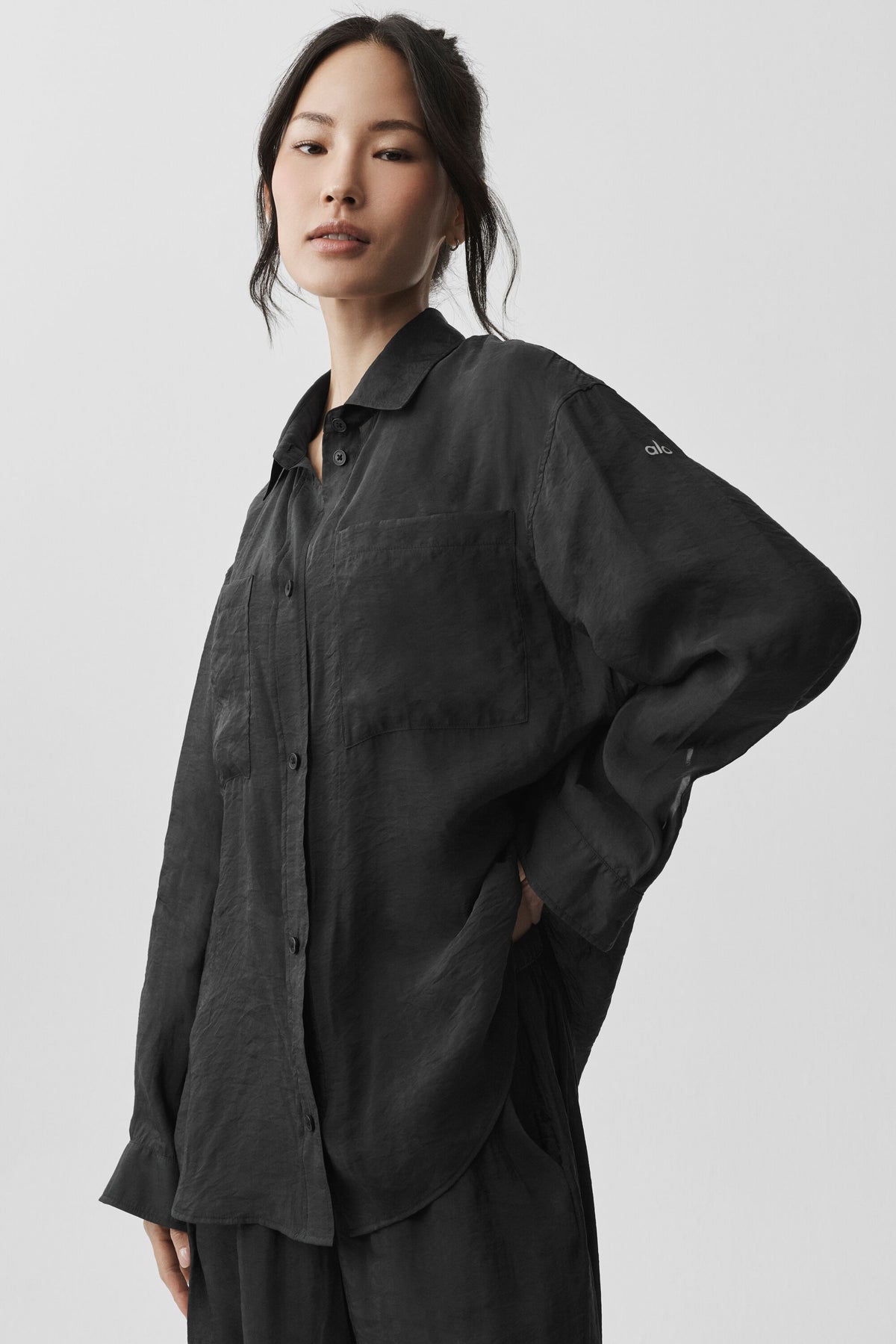 Semi-Sheer Golden Hour Button Down Long Sleeve - Black--4