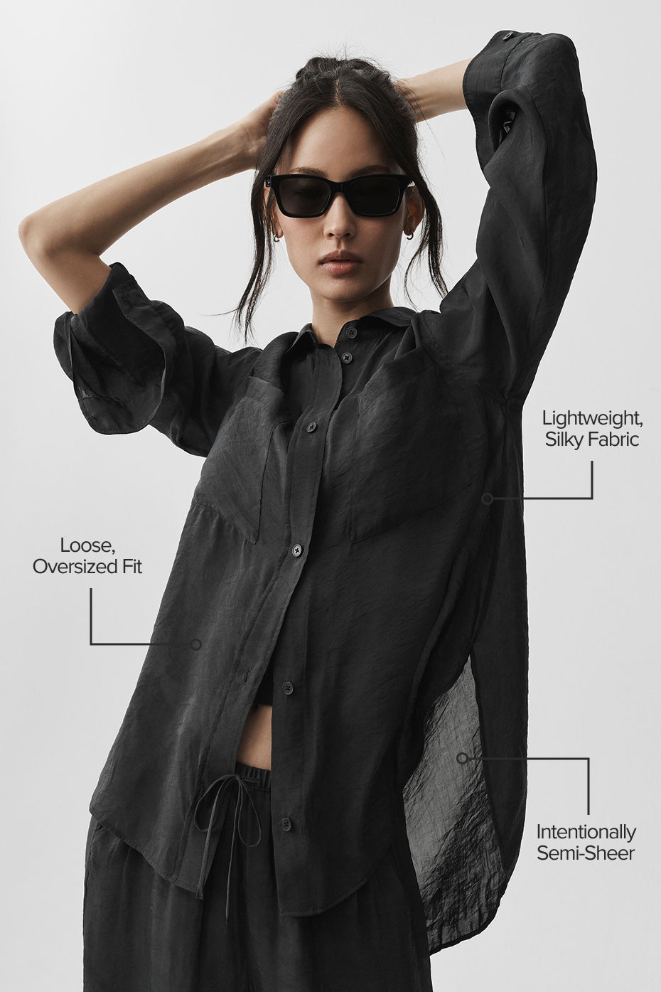Semi-Sheer Golden Hour Button Down Long Sleeve - Black--1