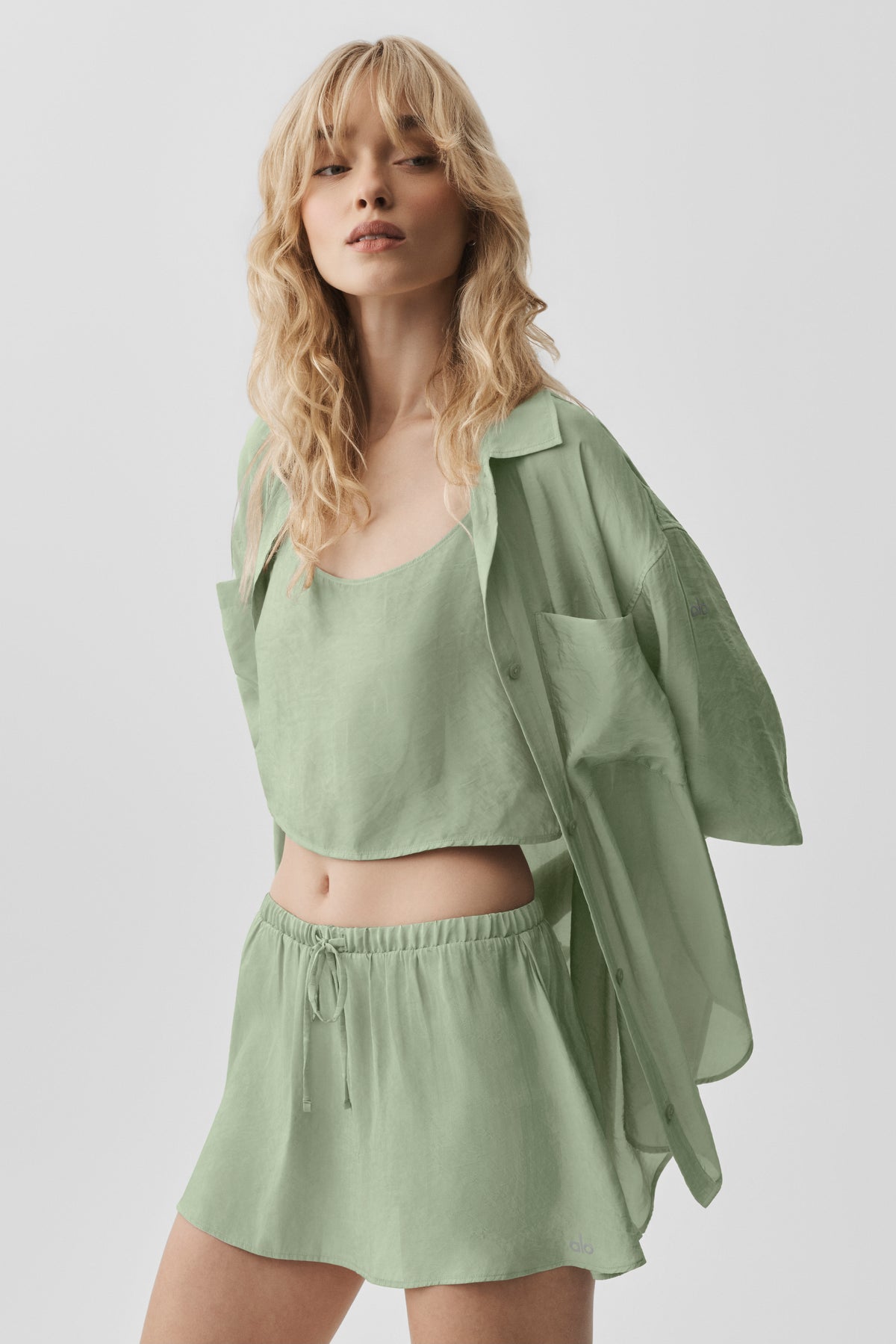 Semi-Sheer Golden Hour Button Down Long Sleeve - Dune Grass--2