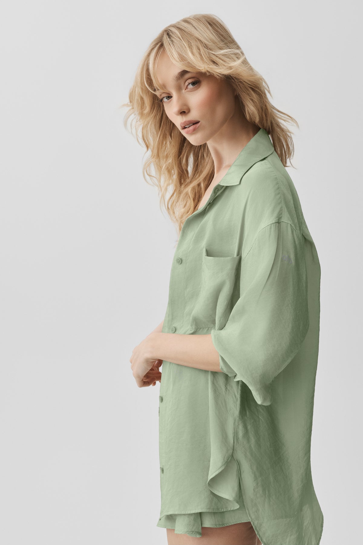 Semi-Sheer Golden Hour Button Down Long Sleeve - Dune Grass--3