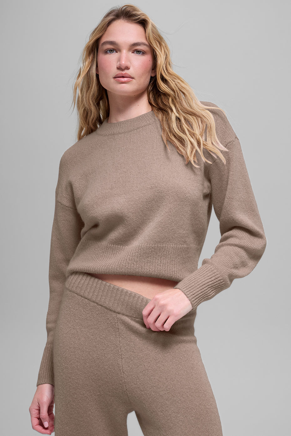 Wool Cashmere Cropped New Class Crewneck Sweater - Chai Latte--0