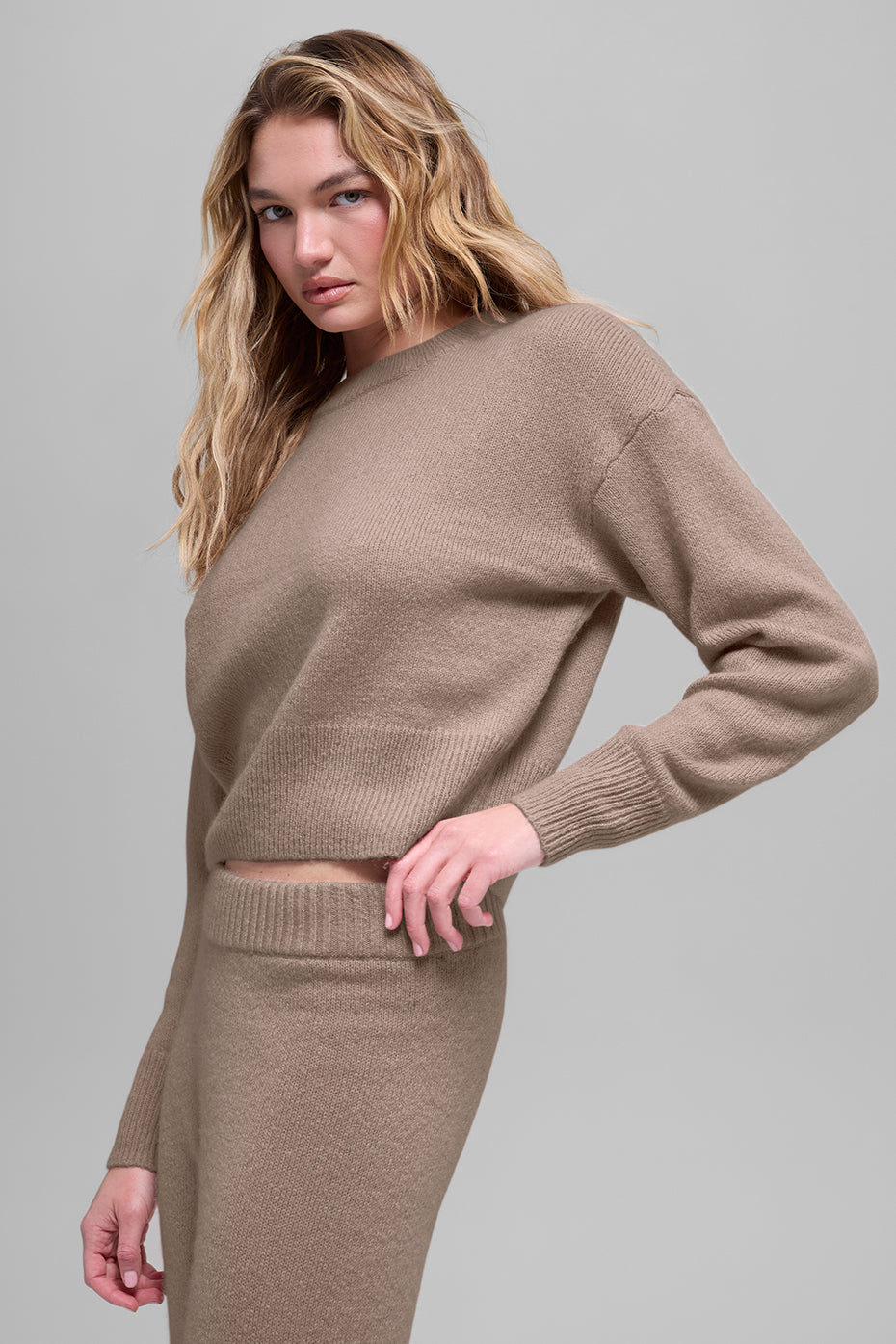 Wool Cashmere Cropped New Class Crewneck Sweater - Chai Latte--2