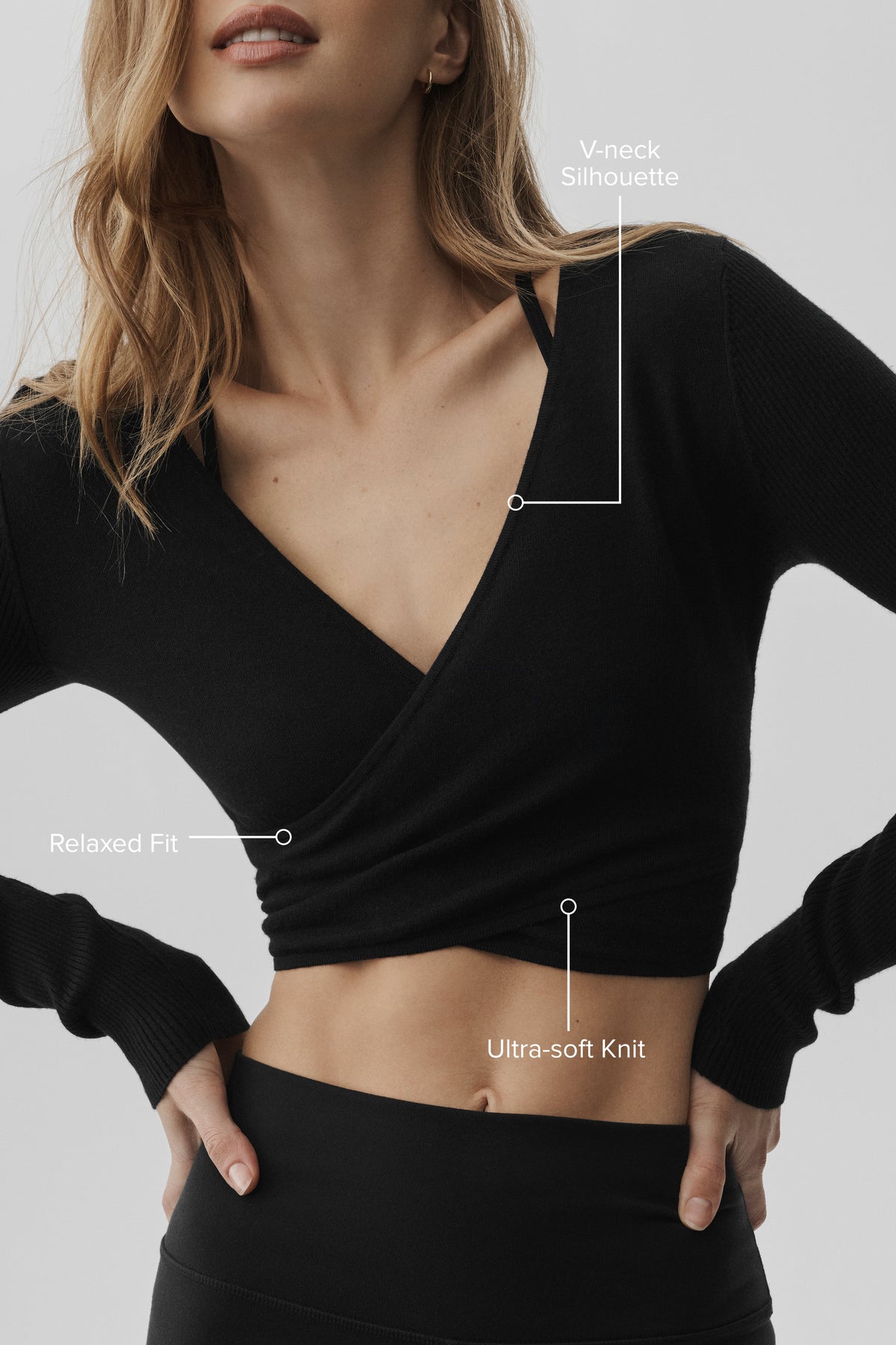 Sweater Knit Crossover Long Sleeve - Black--1