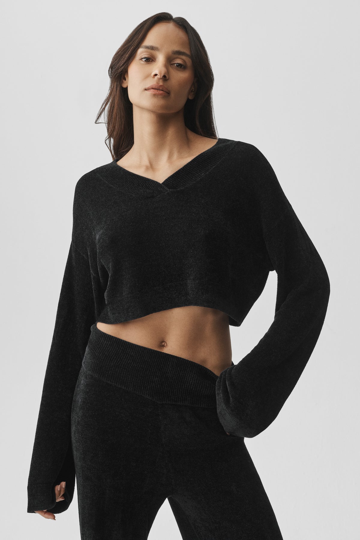 Micro Chenille Cropped V-Neck Coverup - Black--2