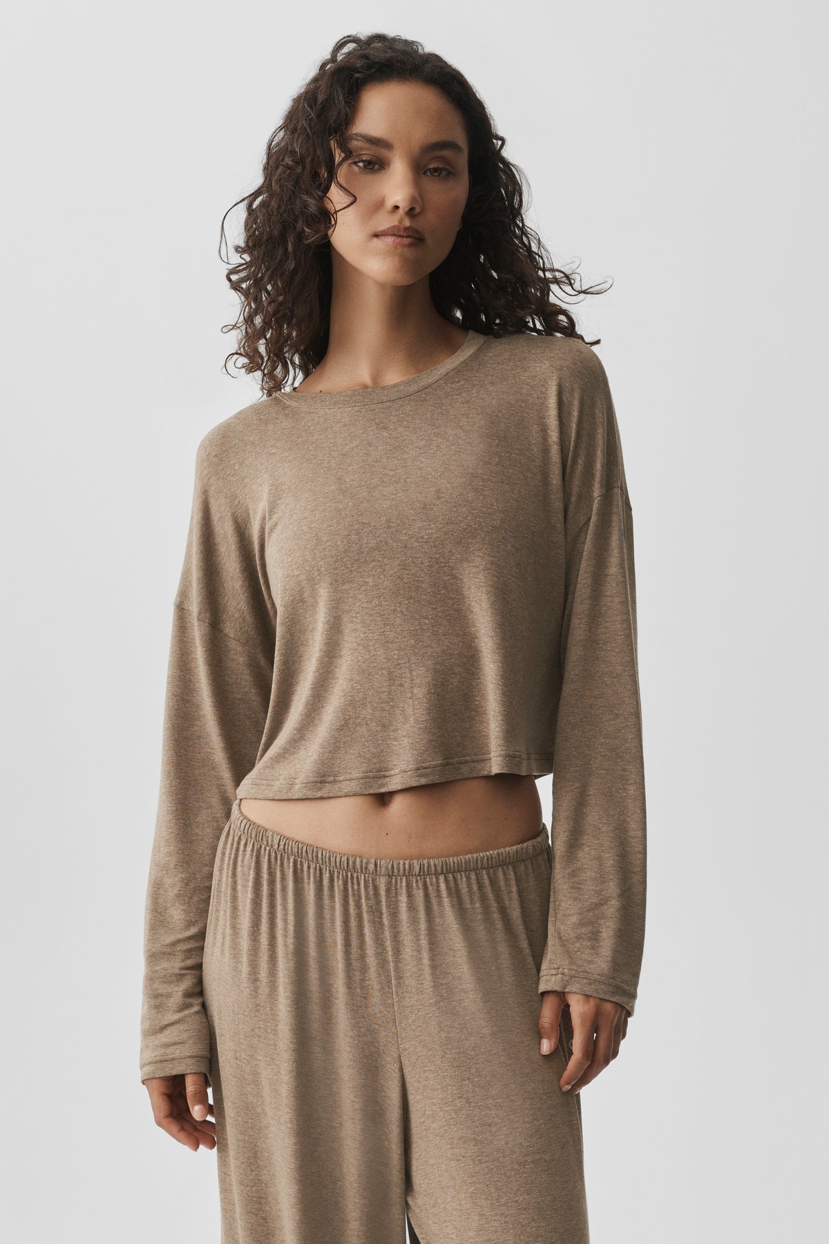 Semi-Sheer Oasis Boxy Long Sleeve - Java Brown Heather--2