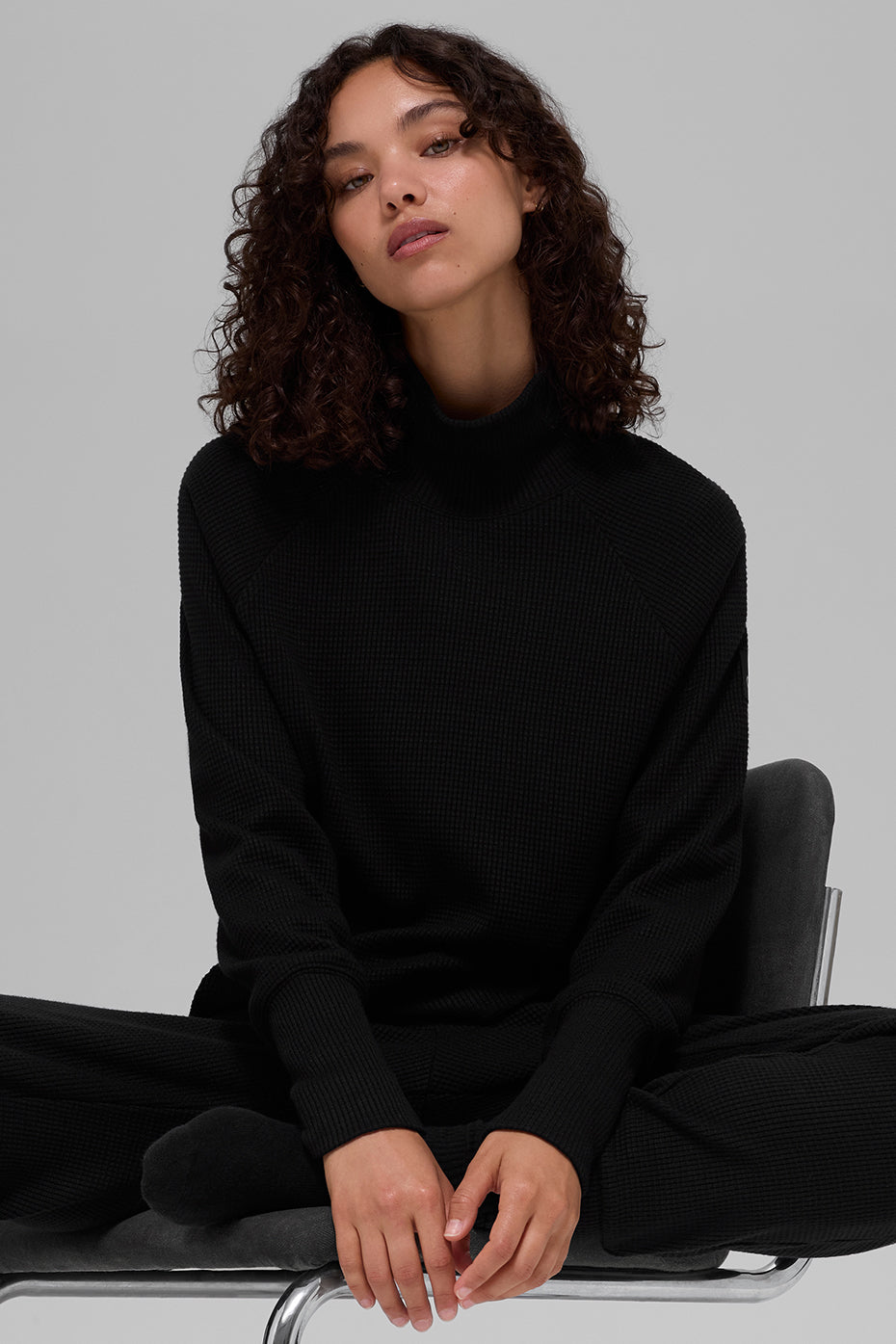 Waffle Weekend Escape Mock Neck Long Sleeve - Black--2