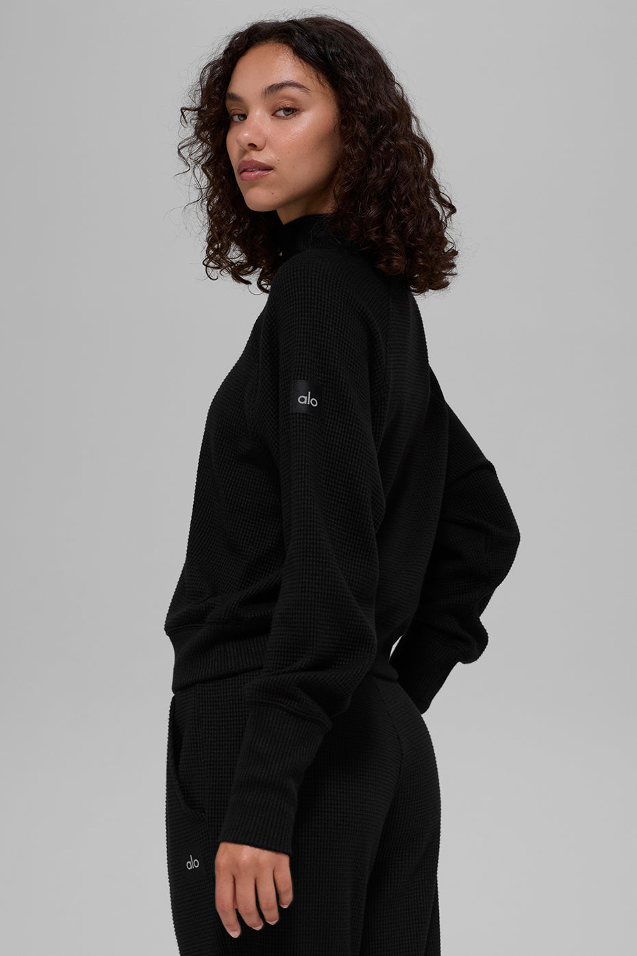 Waffle Weekend Escape Mock Neck Long Sleeve - Black--3