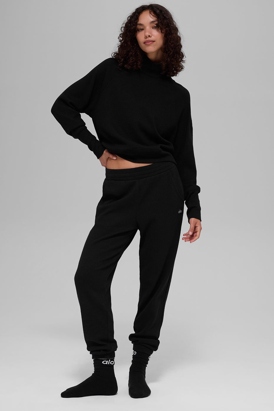 Waffle Weekend Escape Mock Neck Long Sleeve - Black--4