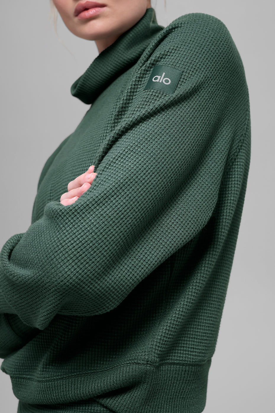 Waffle Weekend Escape Mock Neck Long Sleeve - Clover Green--1