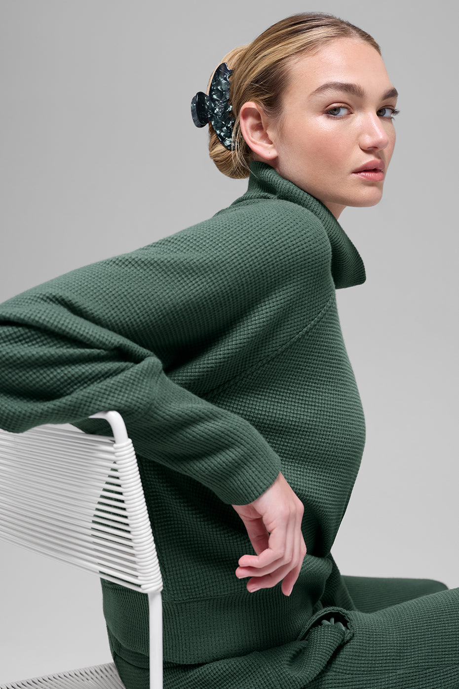 Waffle Weekend Escape Mock Neck Long Sleeve - Clover Green--3